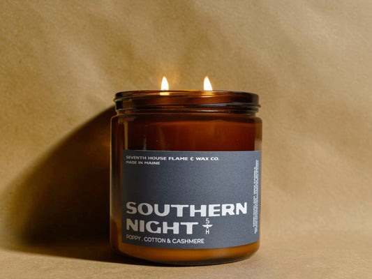 Brown candle jar with 'Southern Night' label on a beige background