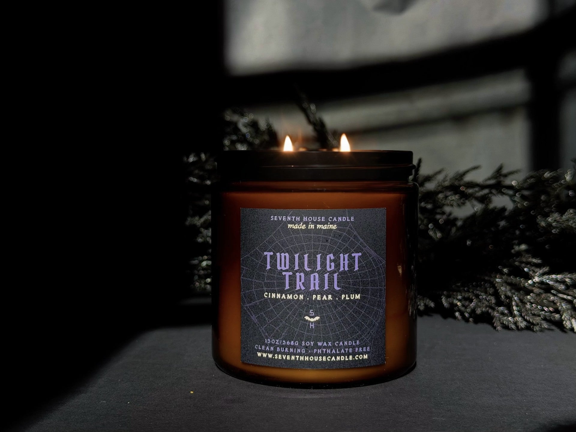 A lit amber glass candle jar with a dark label reading 'Twilight Trail' and 'Cinnamon, Pear, Elm' scent, placed on a dark surface with moody shadows and dried foliage in the background.